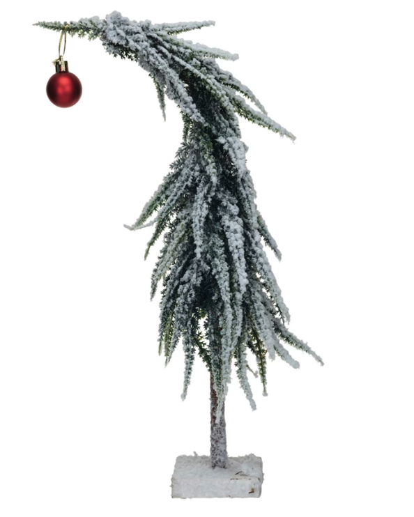 This tall green and red faux evergreen tree with a wood base and snow finish is a festive and elegant piece that will enhance any space. The tree is a vibrant and cheerful display with a green and red color scheme, a faux evergreen design, a simple wood base, and a snow finish. Its realistic and natural appearance balances its vibrant and inviting atmosphere.