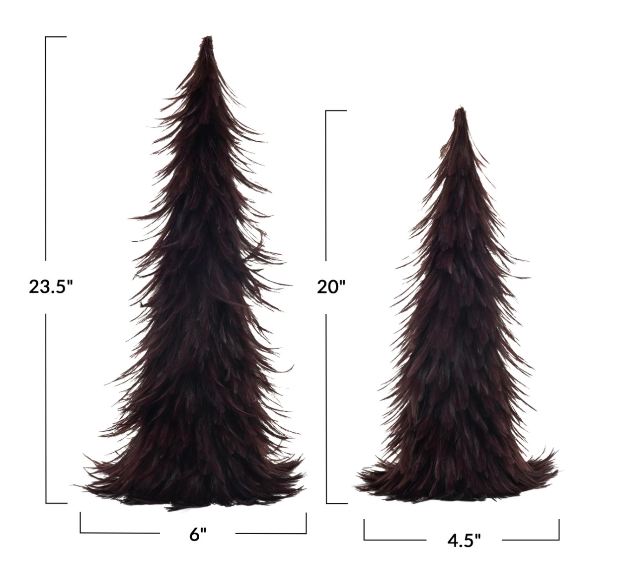  It features 2 feather trees with a burgundy color and a paper base that creates a festive and cozy effect, making them look like fluffy and soft trees. The trees have a smooth and delicate texture that is pleasant to touch and look at. The trees are ideal for displaying on a table, shelf, or mantel, where they can add a touch of warmth and softness to the space. The trees are made of feathers and paper that are lightweight, and durable, making them a great choice for holiday decoration. They measure 6 inch