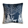 This square cotton velvet printed foil pillow is a celebration of winter's charm, depicted in a stunning navy blue and white color scheme. The front showcases a serene winter scene in white foil print, bringing a touch of festive elegance to any room. 