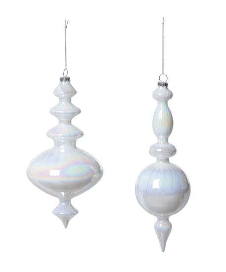 Our Frosty Pearl Glass Finial Ornaments are a glacial duo in two assorted styles. Their pearlescent hand finish adds glisten and shine to their milky white color. These delicate ornaments add a whimsical touch to arctic themed décor.