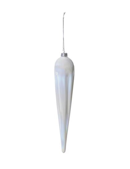 Our Frosty Pearl Glass Icicle Ornament is a dramatically elongated bauble at 10” in length with a pearlescent hand finish that adds glisten and shine to their milky white color. The statement ornament is a perfect way to add a whimsical touch to frosty themed décor.