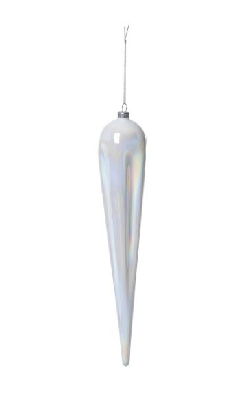 Our Frosty Pearl Glass Icicle Ornament is a dramatically elongated bauble at 14” in length with a pearlescent hand finish that adds glisten and shine to their milky white color. The statement ornament is a perfect way to add a whimsical touch to frosty themed décor.