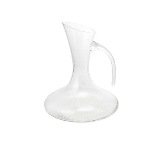 A clear glass wine decanter with a handle, featuring a sleek silhouette designed for aerating wine.