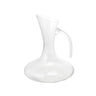 A clear glass wine decanter with a handle, featuring a sleek silhouette designed for aerating wine.