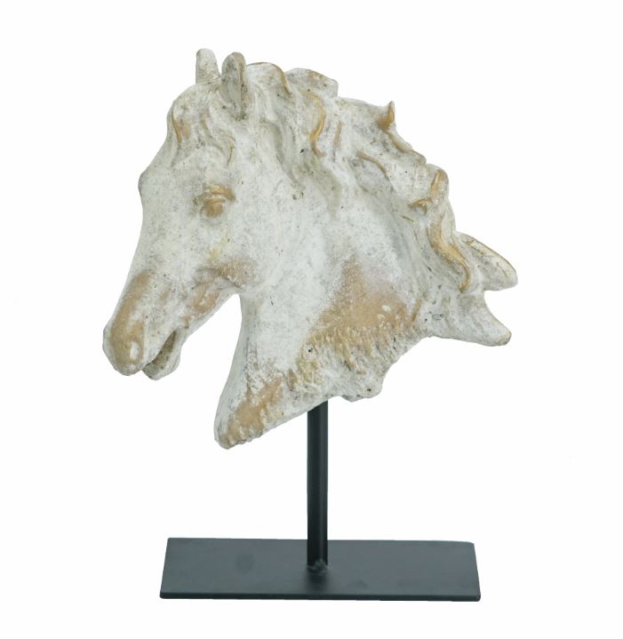 Masterfully crafted by skilled artisans, this decorative statue features an intricately detailed horse head, complete with a natural gray finish, occasional flashes of gold, and a sturdy black iron base for both stability and contrast. Whether it is displayed on its own or as part of a nature-inspired vignette, it is sure to infuse your home decor with a regal, commanding air.