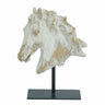 Masterfully crafted by skilled artisans, this decorative statue features an intricately detailed horse head, complete with a natural gray finish, occasional flashes of gold, and a sturdy black iron base for both stability and contrast. Whether it is displayed on its own or as part of a nature-inspired vignette, it is sure to infuse your home decor with a regal, commanding air.