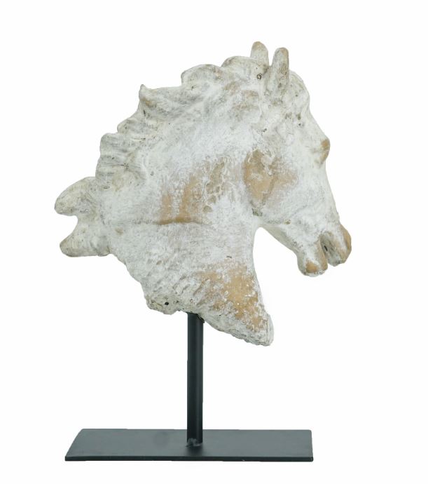 Masterfully crafted by skilled artisans, this decorative statue features an intricately detailed horse head, complete with a natural gray finish, occasional flashes of gold, and a sturdy black iron base for both stability and contrast. Whether it is displayed on its own or as part of a nature-inspired vignette, it is sure to infuse your home decor with a regal, commanding air.