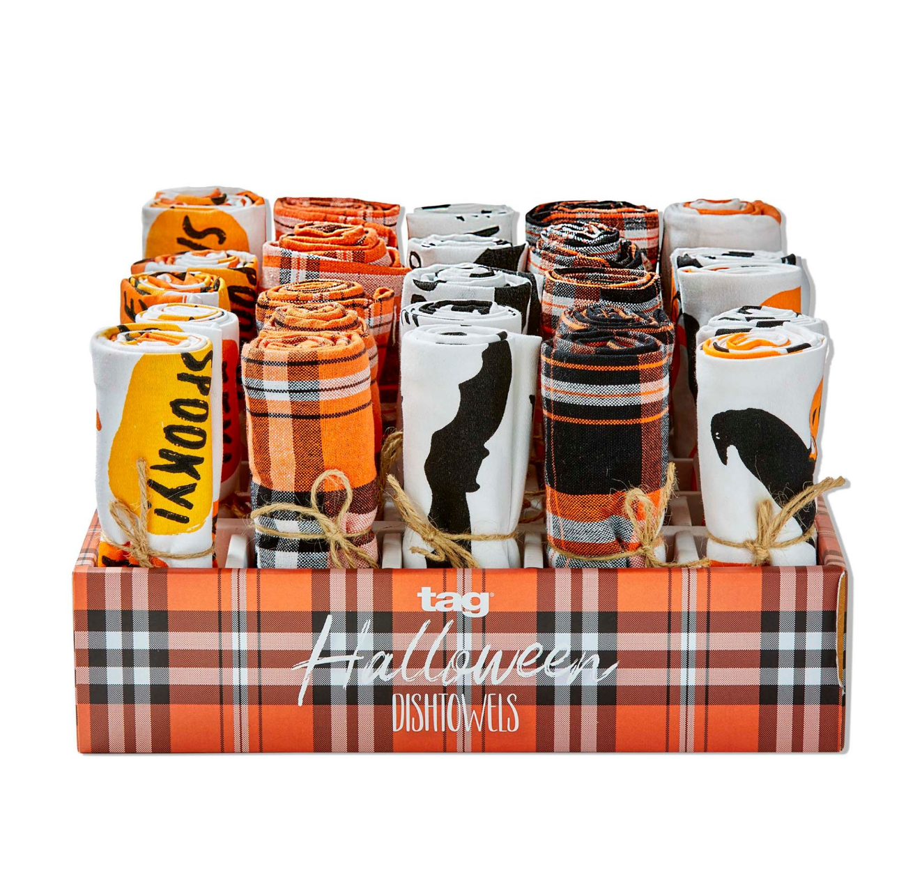 Halloween-themed dishtowels with various designs including orange and black plaid, and a bat and pumpkin motif.