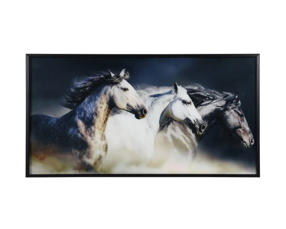 Encased in a sleek black frame, this 59-inch by 32-inch artwork combines modern elegance with timeless beauty, creating a stunning focal point for any room.