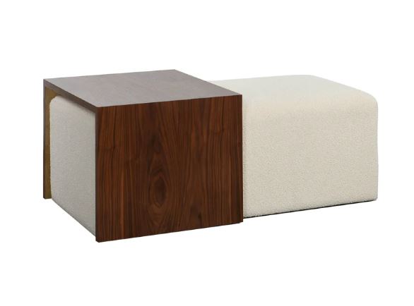 The Ivory &amp; Walnut Two-Piece Ottoman offers versatile style and functionality, featuring a plush ivory cushion paired with a rich walnut rolling wood bridge on hidden casters. Perfect for additional seating or as a mobile surface, this piece effortlessly blends modern design with practicality.