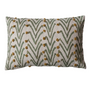 A woven cotton blend lumbar pillow with a geometric floral pattern in natural, green, and mustard colors, featuring French knots.