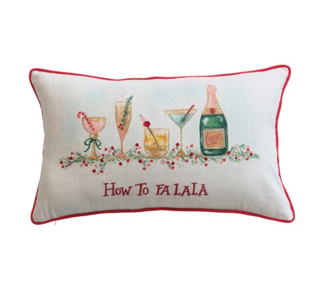 This lumbar pillow is a cheerful celebration of the season, featuring a multicolored "How to FA LA LA" print that's sure to bring joy. The bright embroidery and bold red piping add a touch of holiday spirit, while the all-cotton construction offers both comfort and durability. Whether it's brightening up a sofa or offering support in a reading chair, this pillow is a delightful way to infuse every space with festive charm.