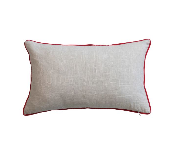 This lumbar pillow is a cheerful celebration of the season, featuring a multicolored "How to FA LA LA" print that's sure to bring joy. The bright embroidery and bold red piping add a touch of holiday spirit, while the all-cotton construction offers both comfort and durability. Whether it's brightening up a sofa or offering support in a reading chair, this pillow is a delightful way to infuse every space with festive charm.
