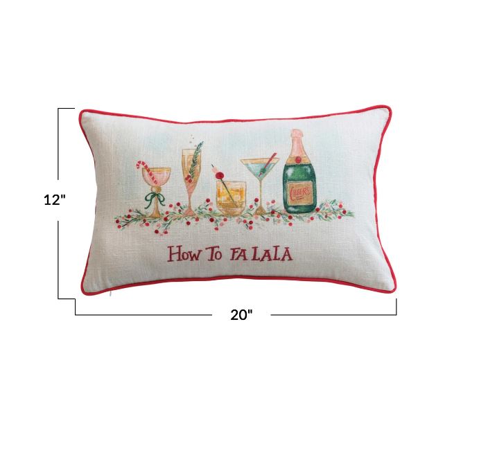 This lumbar pillow is a cheerful celebration of the season, featuring a multicolored "How to FA LA LA" print that's sure to bring joy. The bright embroidery and bold red piping add a touch of holiday spirit, while the all-cotton construction offers both comfort and durability. Whether it's brightening up a sofa or offering support in a reading chair, this pillow is a delightful way to infuse every space with festive charm.