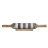 A marble-striped rolling pin with a wooden handle and a striped pattern running through the center of the rolling part.
