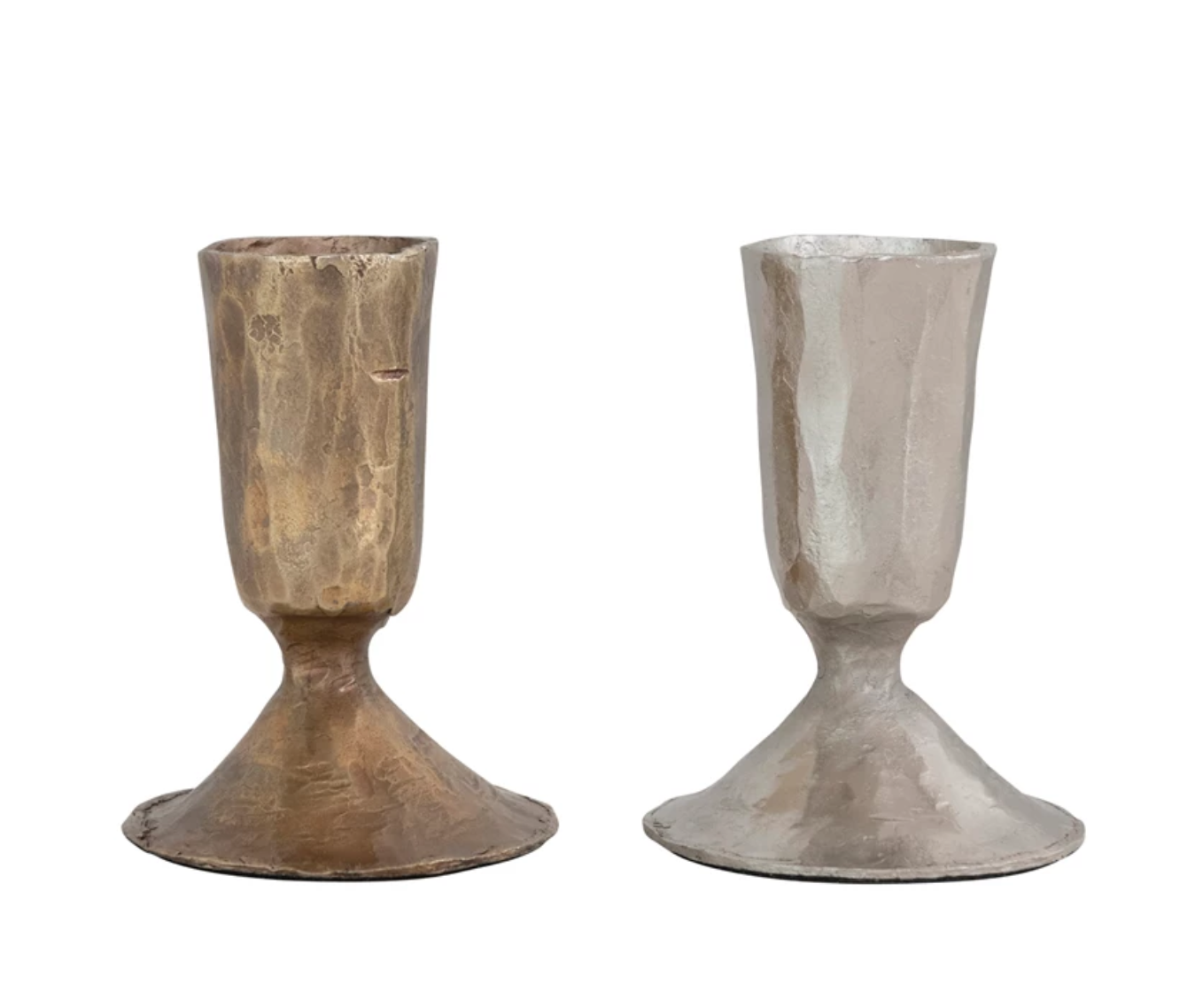 Two metal taper holders, one with a bronze finish and the other with a silver finish, both with a minimalist design.
