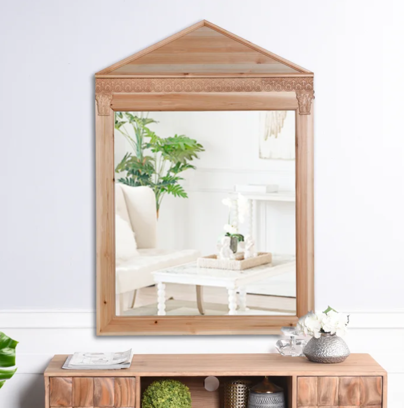 Enhance your living space with the timeless elegance of the DANN FOLEY LIFESTYLE Natural Wood Framed Mirror. Measuring 38 inches in width, 54 inches in height, and 2 inches in depth, this exquisite mirror is the perfect blend of form and function.