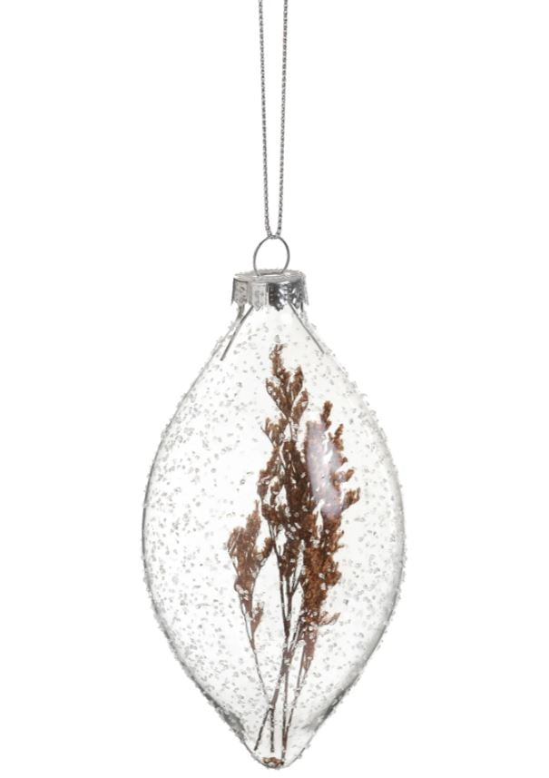 Elevate your holiday decor with our Clear and Brown Glass Finial Ornament featuring a delicate leaf design. This stunning finial adds a touch of sophistication and elegance to your Christmas tree or festive displays. 