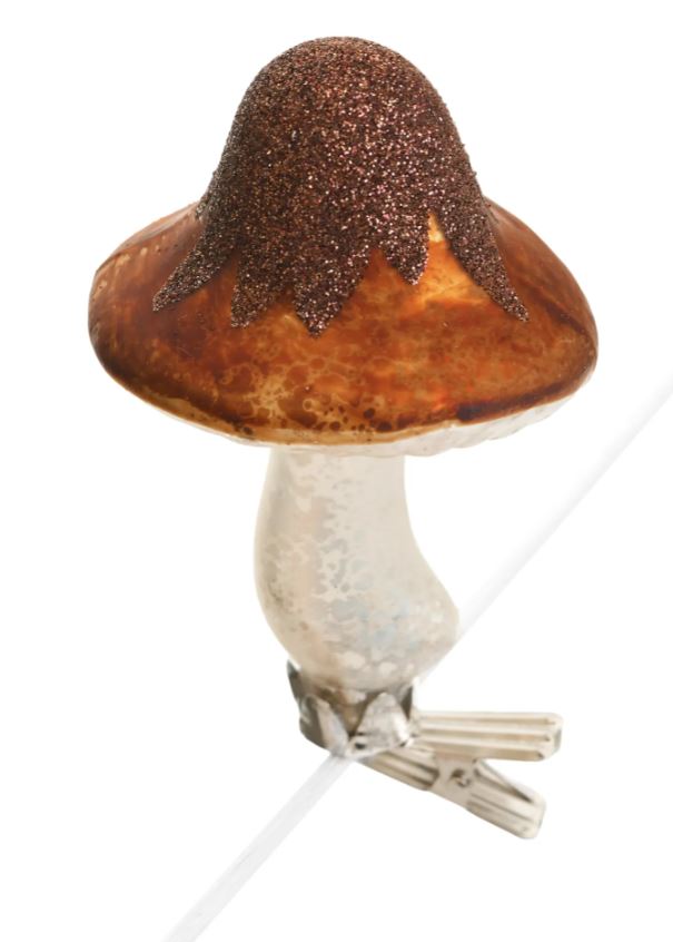 Ornament Mushroom w/ clip Glass, Brown/White