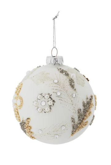 This stunning ornament features a delicate design of shimmering pearls and intricate feather patterns, beautifully merging sophistication with a whimsical charm. The lustrous finish reflects the light, creating a warm glow that enhances your Christmas tree or festive display. Perfect for adding a unique accent to your seasonal decorations, this glass ball ornament is a timeless piece that will be cherished for years to come, making your celebrations even more magical.