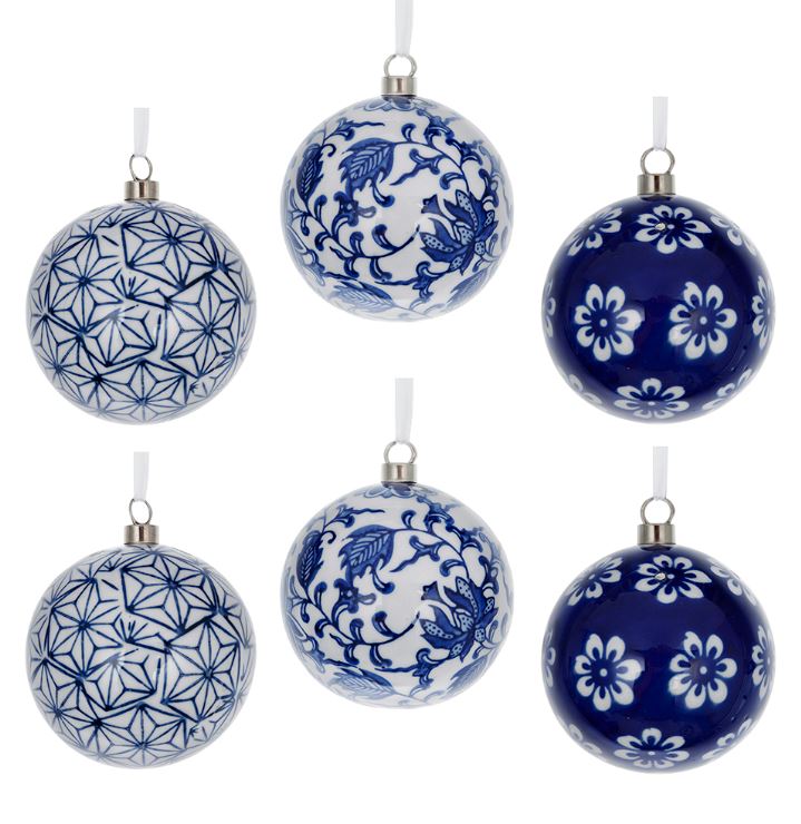 Add a touch of timeless elegance to your holiday decor with this beautiful set of six porcelain hanging ornaments. Featuring delicate white and blue designs inspired by traditional English patterns, each ornament captures the charm of classic craftsmanship. 