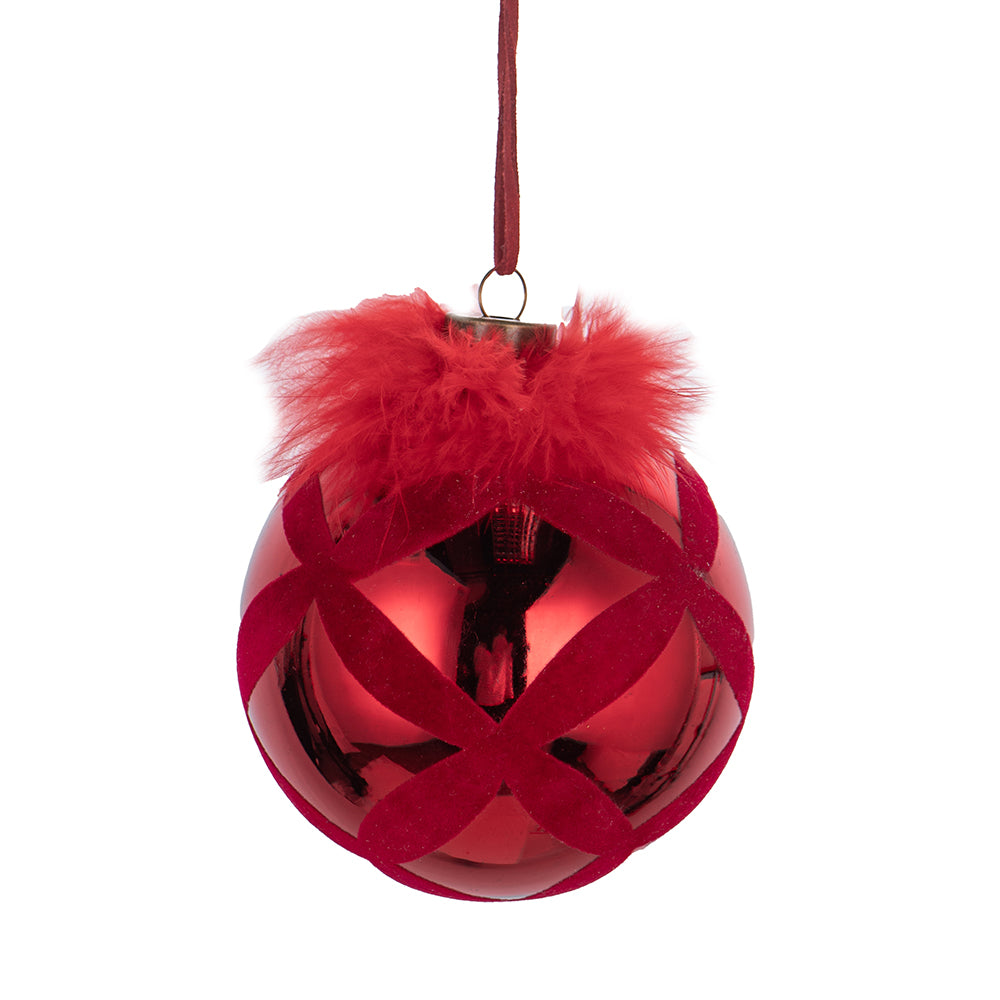 Add a touch of elegance to your holiday decor with our Red Glass Christmas Ball Ornament adorned with feathers. This stunning ornament features a rich red hue with a glossy finish, beautifully complemented by delicate, soft feathers that create a luxurious look.