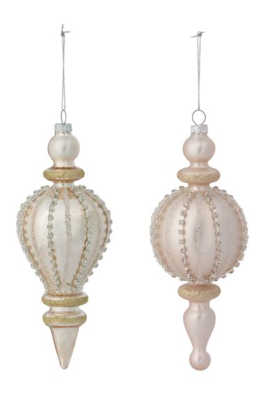 Each finial boasts a frosted glass finish adorned with shimmering rhinestone patterns that catch the light beautifully, adding a touch of glamour to your holiday decor. These elegant ornaments are perfect for creating a sophisticated and festive atmosphere, whether hanging from tree branches or displayed as part of your holiday centerpiece. With their unique designs, these finials are sure to become cherished pieces in your seasonal collection, making your celebrations truly special.