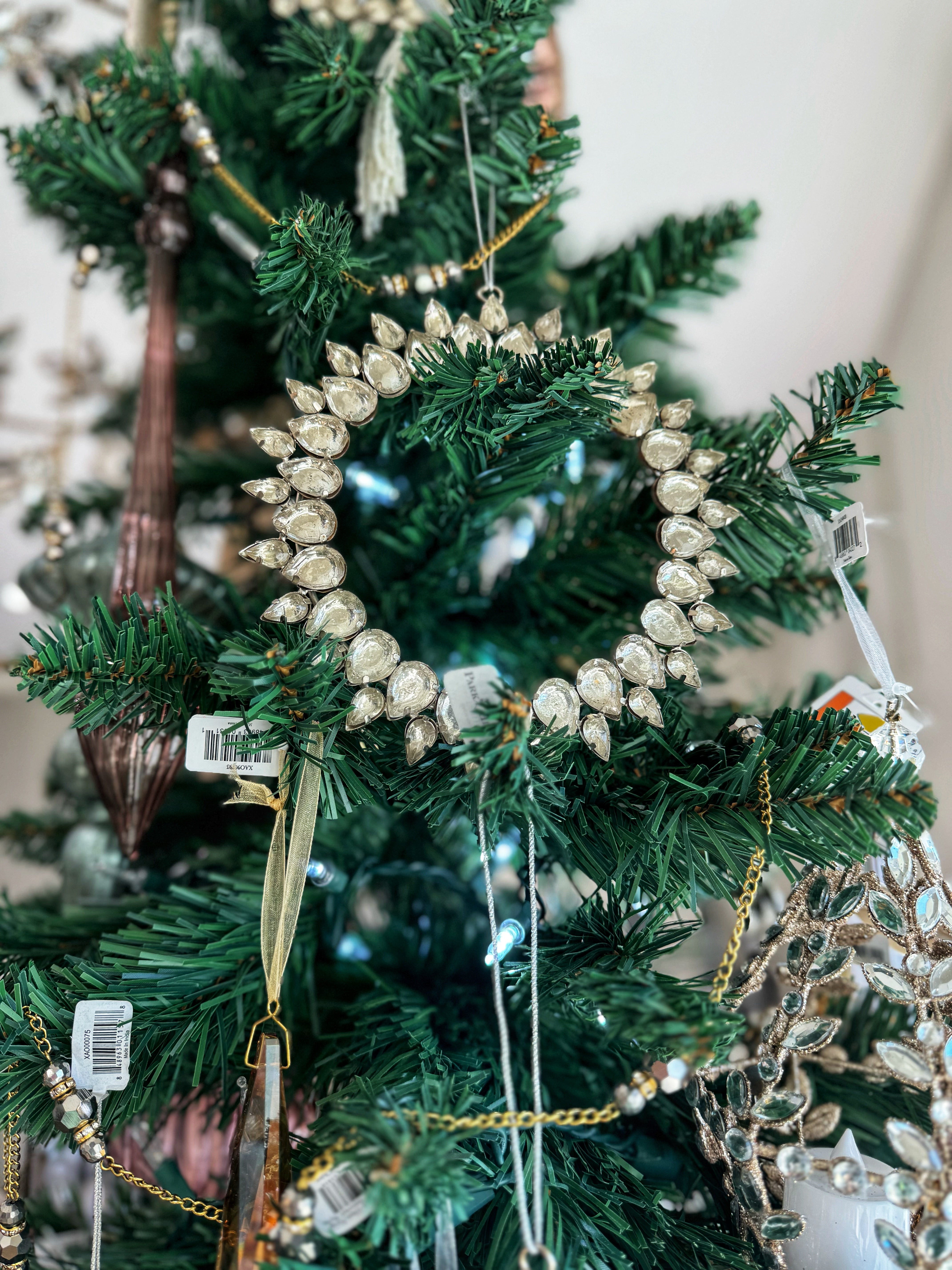 3 Assorted Styles. These vintage-inspired Rhinestone Wreath Ornaments will bring a certain nostalgia to your holiday decorating and add a shimmer to your Christmas tree. Comes in 3 assorted styles.