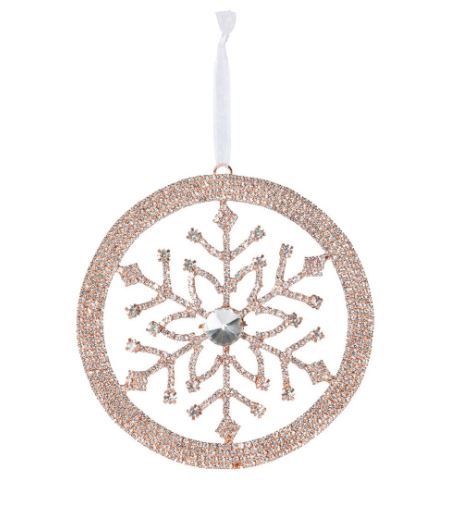 This exquisite piece features a delicate snowflake design in a stunning rose gold finish, creating a warm and festive glow that beautifully complements your Christmas tree. The intricate detailing adds a touch of elegance, making it a perfect accent for both traditional and modern decor styles. Hang it as a standout ornament or use it to enhance your holiday displays—this versatile wreath ornament will bring a unique sparkle to your seasonal festivities, ensuring your home feels cozy and inviting.