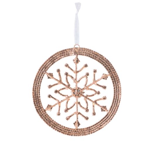 This exquisite piece features a delicate snowflake design in a stunning rose gold finish, creating a warm and festive glow that beautifully complements your Christmas tree. The intricate detailing adds a touch of elegance, making it a perfect accent for both traditional and modern decor styles. Hang it as a standout ornament or use it to enhance your holiday displays—this versatile wreath ornament will bring a unique sparkle to your seasonal festivities, ensuring your home feels cozy and inviting.