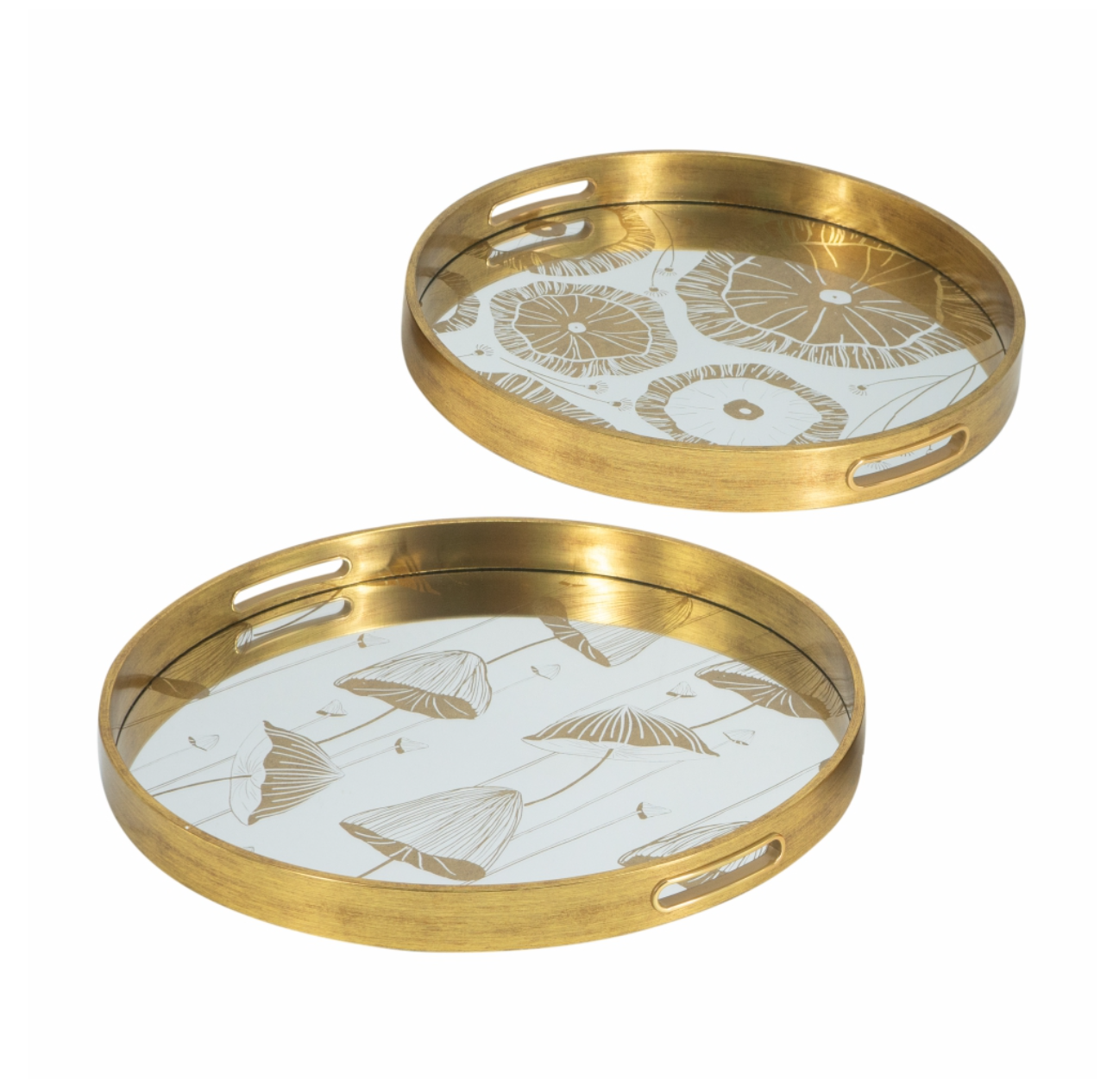A pair of round plastic trays with a gold rim and floral motifs in the center.