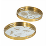 A pair of round plastic trays with a gold rim and floral motifs in the center.