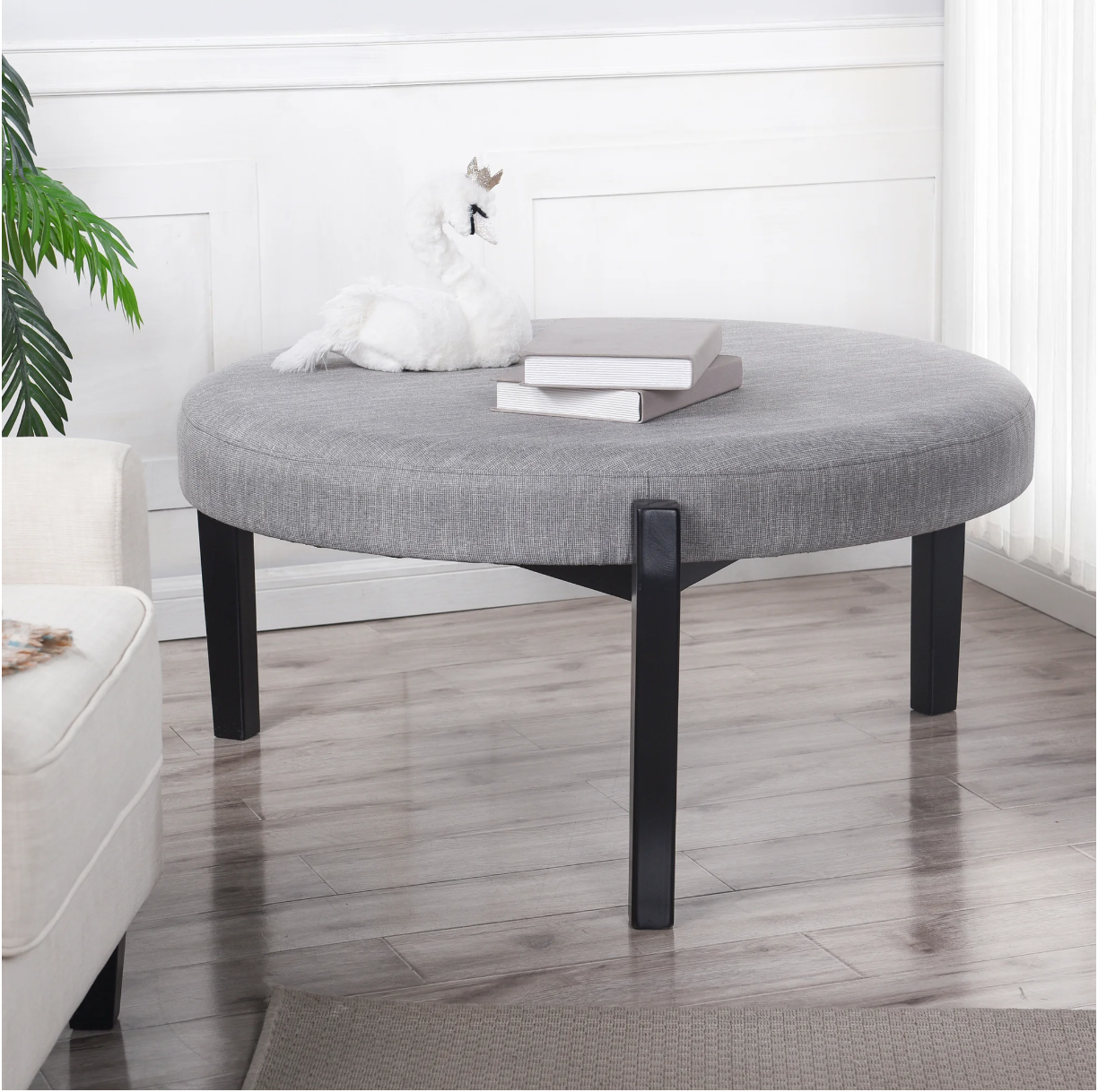 DANN FOLEY LIFESTYLE | Light Gray 3 Legged Round Ottoman | 42in w. X 18in ht. X 42in d