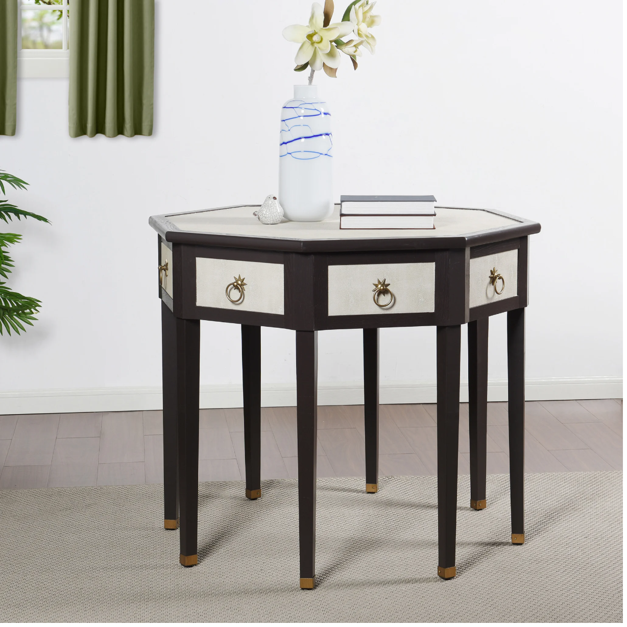 DANN FOLEY LIFESTYLE| Center Table | Ivory Faux Shagreen and Black Veneer Finish | 42in x 42in x 34in