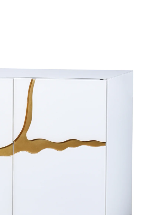 LAVA SIDEBOARD | 4 Doors Covered in Pure White Beleveled Glass with Gold Accenting on Door Panels