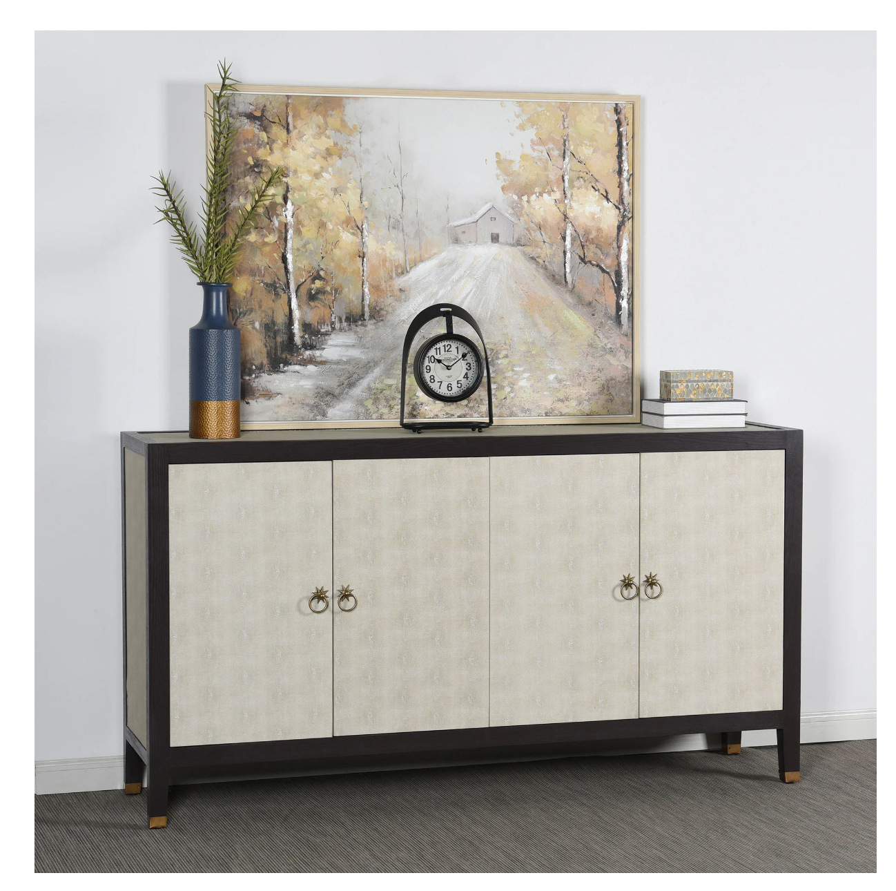 DANN FOLEY LIFESTYLE| 4 Door Sideboard| Ivory Faux Shagreen and Black Veneer Finish|70in x 18in x 38in