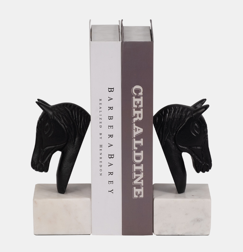 Metal, S/2 Horse Head Bookends, White/black