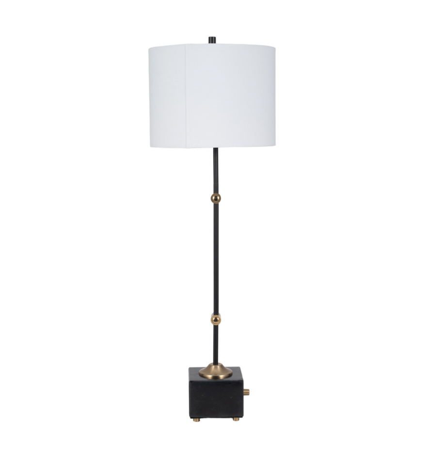 36" HILLIARD MARBLE BUFFET TABLE LAMP, GOLD/BLACK