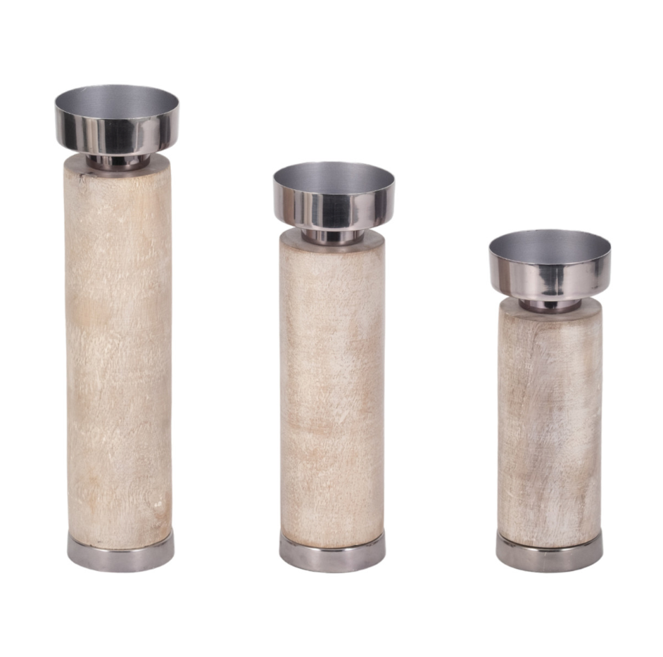 MANGO WOOD, S/3 ELLIOT GREY CANDLE HOLDERS