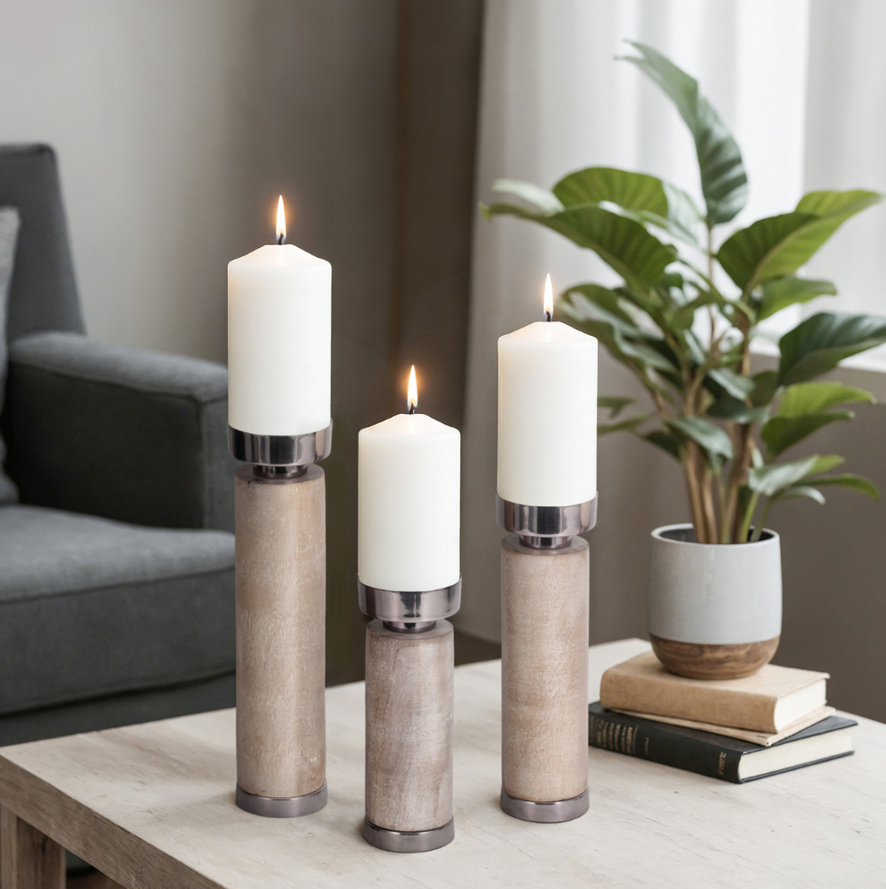 MANGO WOOD, S/3 ELLIOT GREY CANDLE HOLDERS