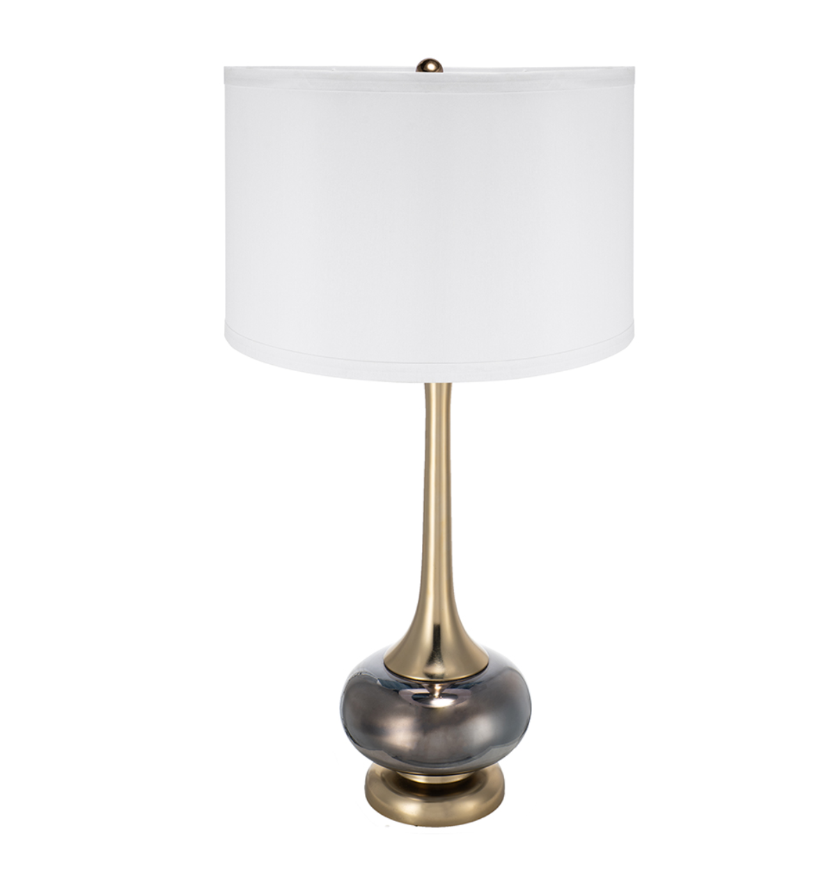 Gray and Gold Table Lamp with White Drum Shade, Round Design