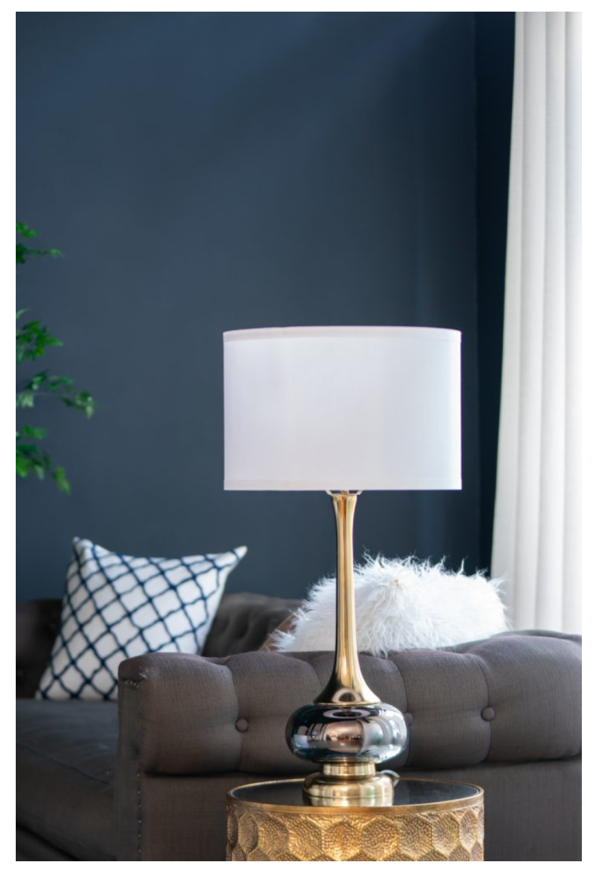 Gray and Gold Table Lamp with White Drum Shade, Round Design