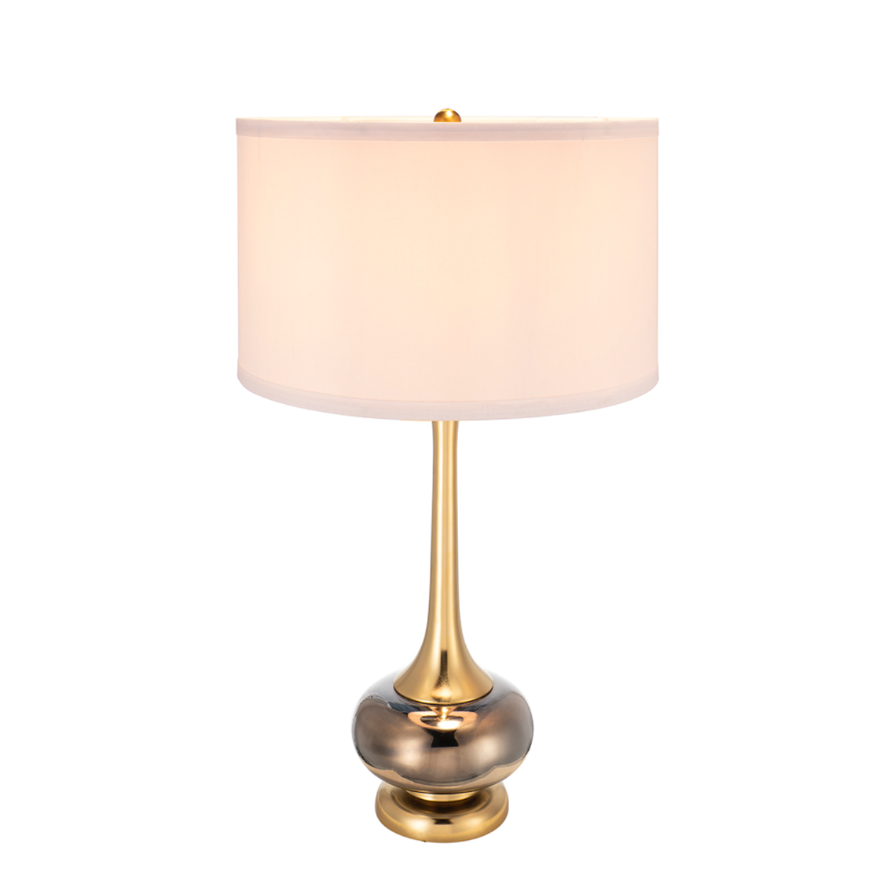 Gray and Gold Table Lamp with White Drum Shade, Round Design