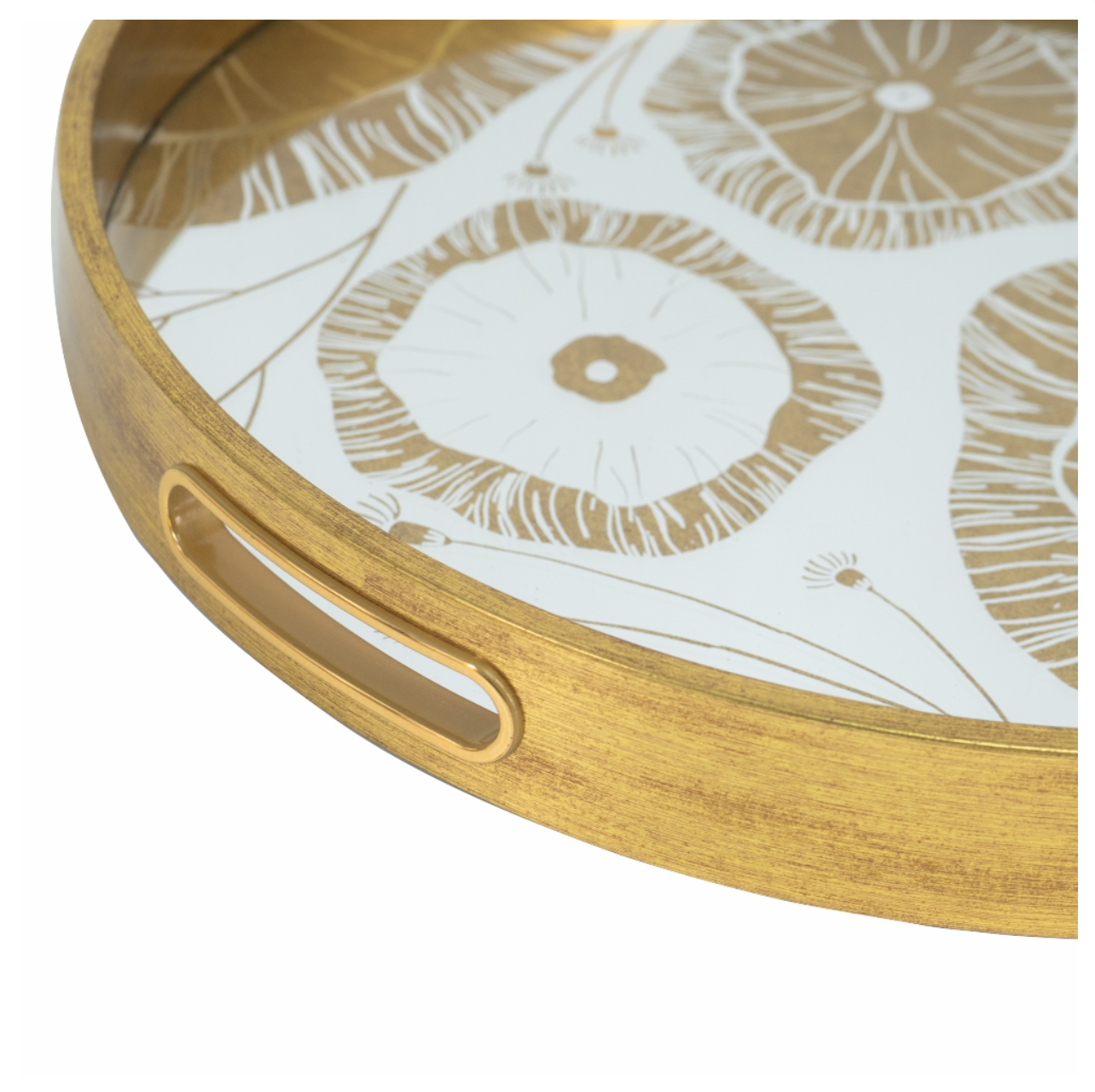 S/2 Round Plastic Mirror Trays with Floral Motif, Gold