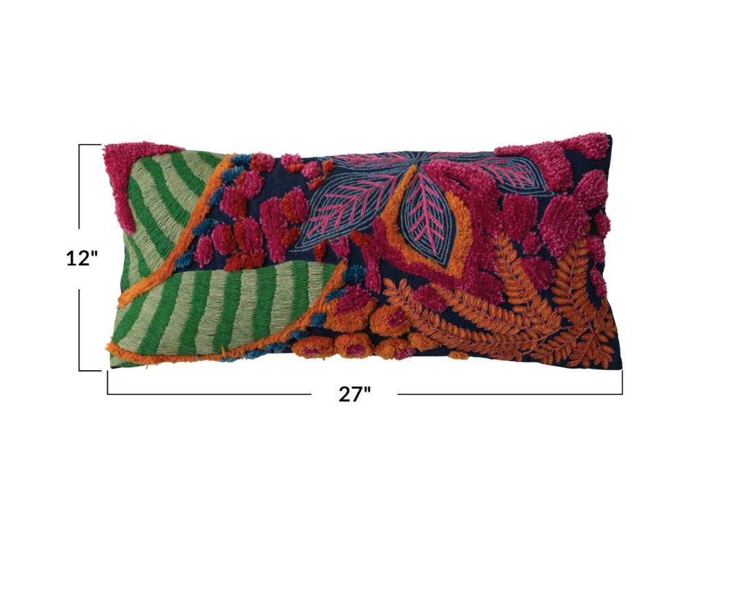 Embroidered Fabric Indoor/Outdoor Lumbar Pillow