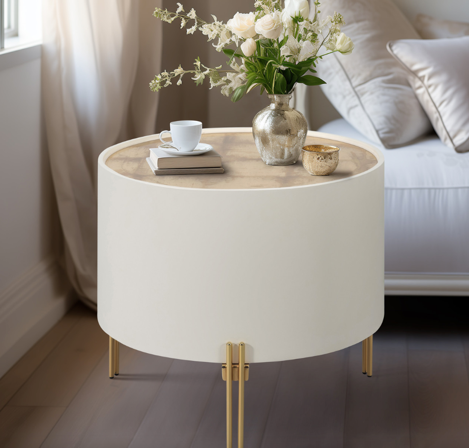 24" Gold Leaf Top Side Table, Wht/gld