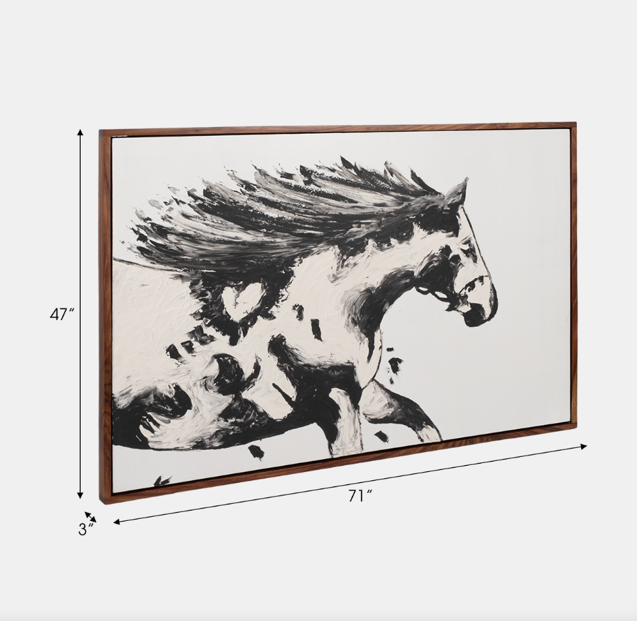 71x47 Hand Painted Running Horse, Black/white