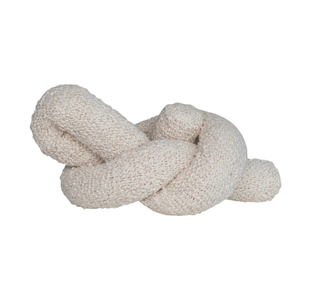 22"L x 9"W x 7"H Woven Cotton Bouclé Knot Pillow, Cream Color