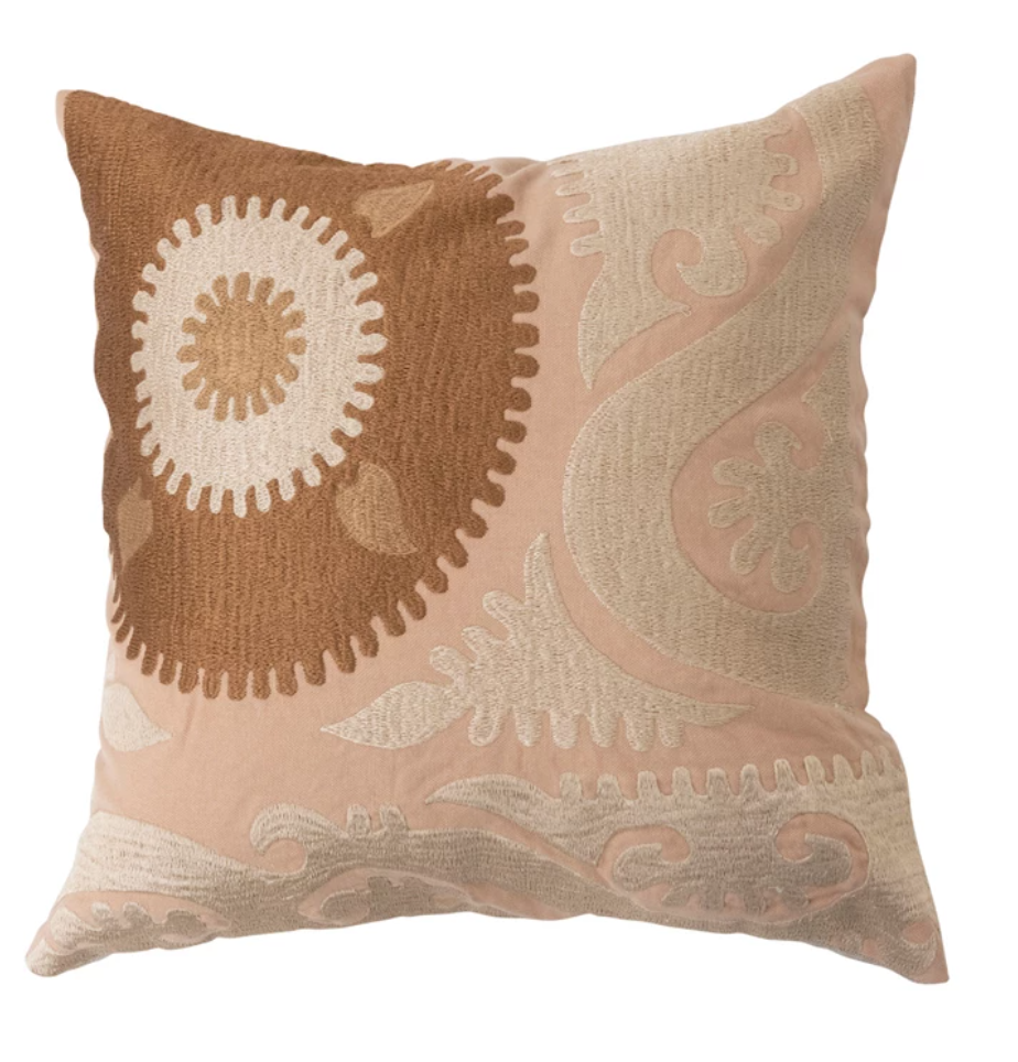 16" Cotton Embroidered Suzani Pillow with Chambray Back