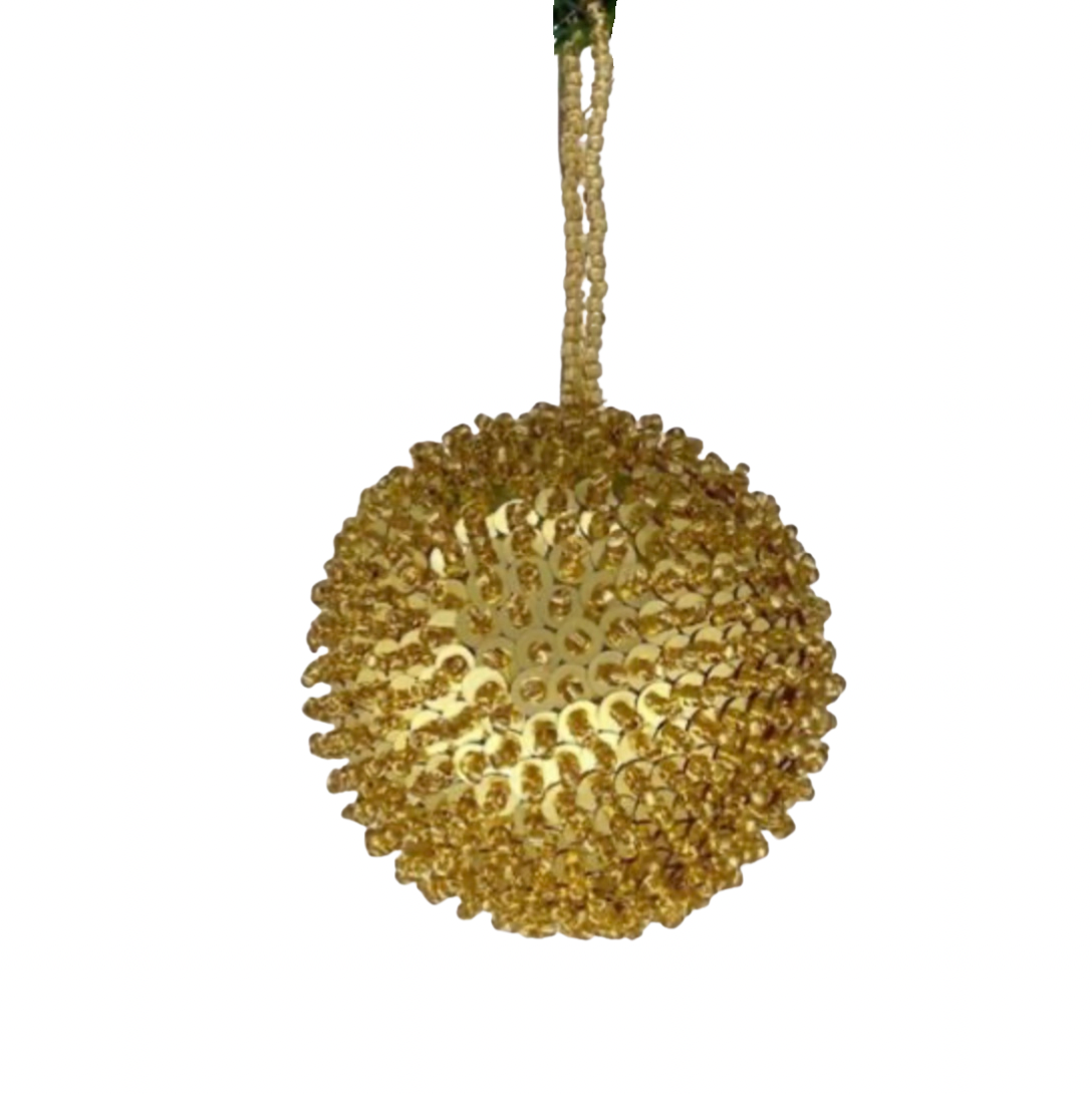 Bring a touch of glamour to your holiday decor with our 4" Sequin Beaded Ball Ornament in Gold. This exquisite ornament is adorned with shimmering sequins and beads that create a stunning sparkle, reflecting light beautifully.
